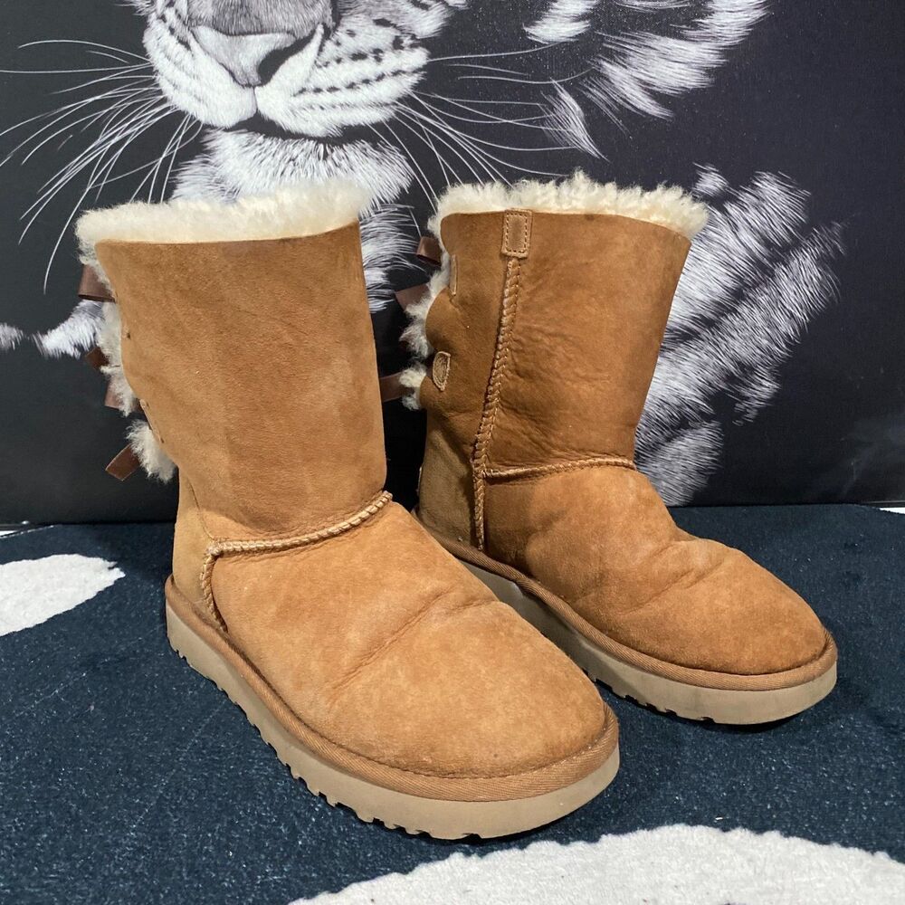 UGG Bailey Bow II 1016225 Snow Boot Women's 5 Brown Leather Sheepskin Lined